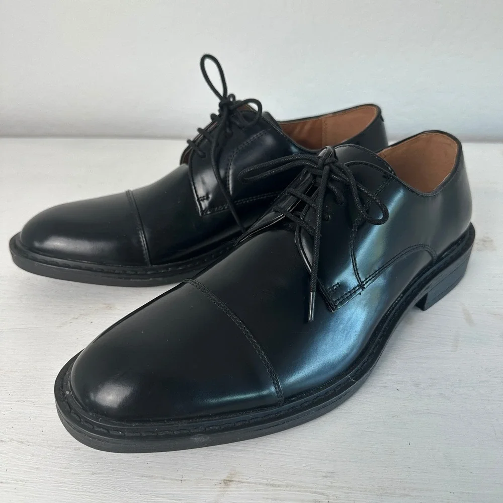 Steve Madden Oxford Shoes Mens 9 P-LUKY Black Leather Cap Toe Dress Shoes